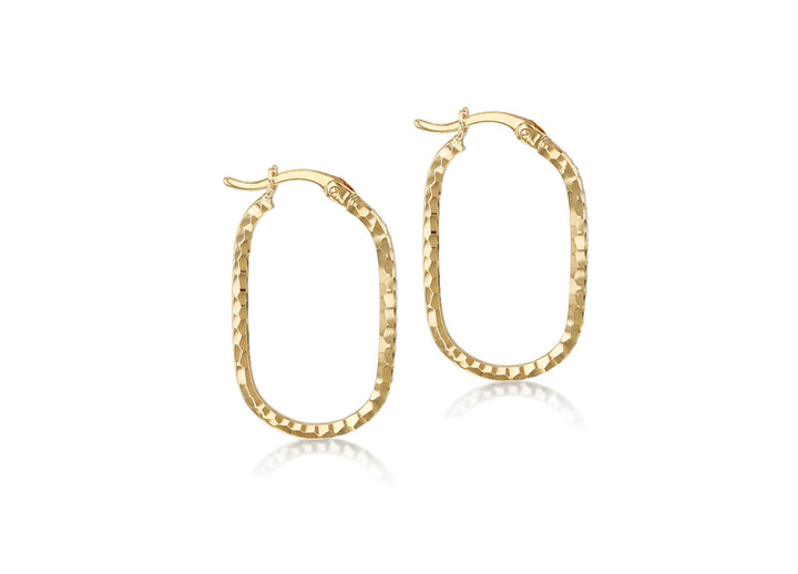 9K Yellow Gold Hollow Diamond-Cut Med Oval Hoop Earrings