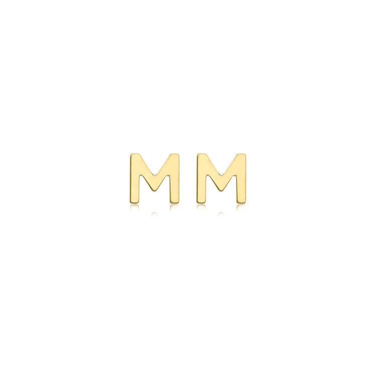 9K Yellow Gold Mini Initial 'M' Stud Earrings