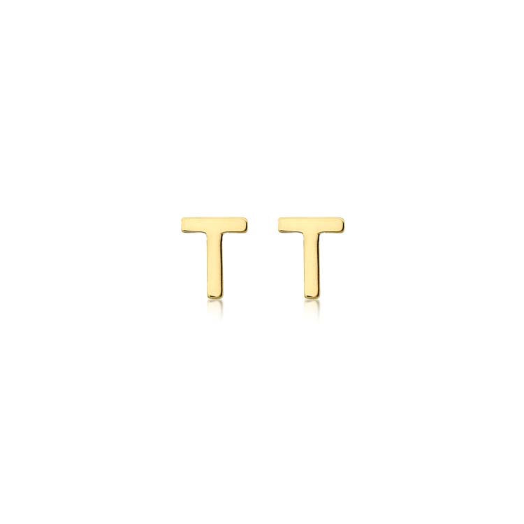 9K Yellow Gold Mini Initial 'T' Stud Earrings