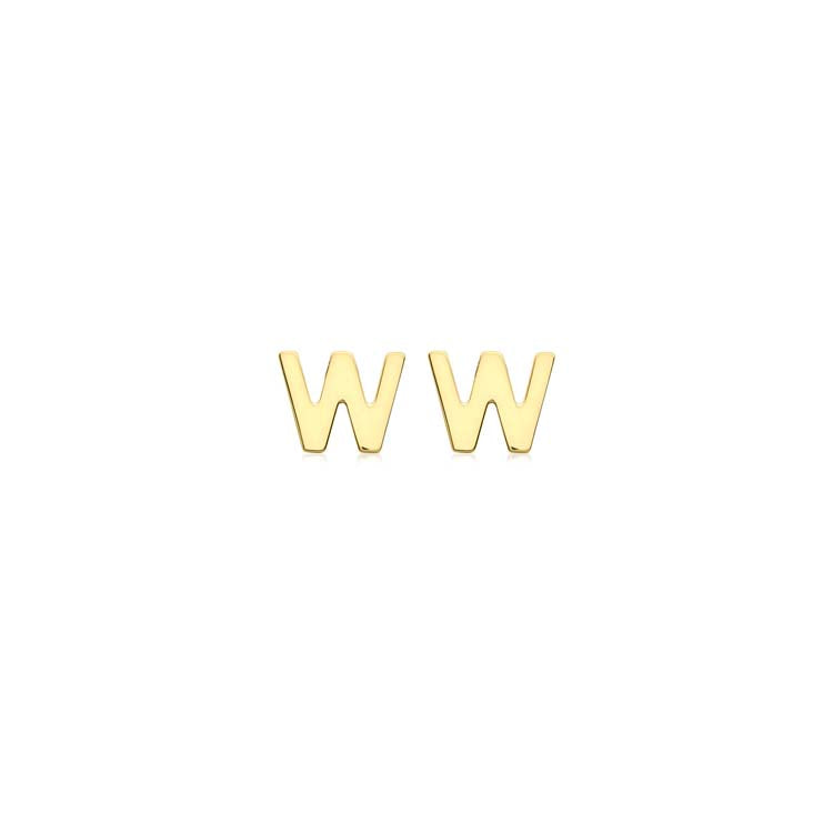 9K Yellow Gold Mini Initial 'W' Stud Earrings