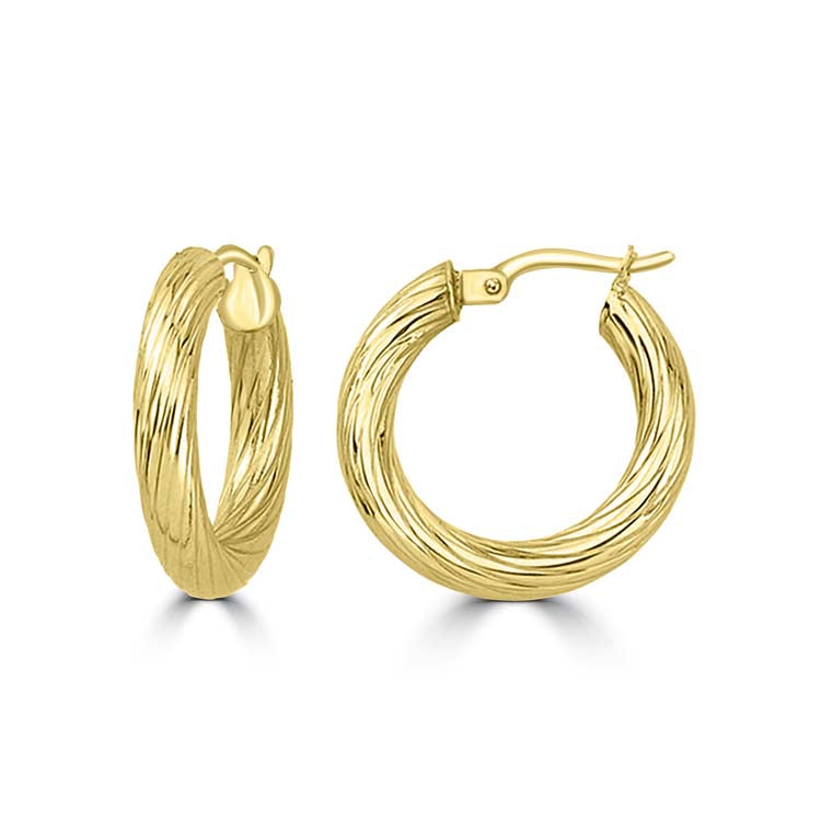 9K Yellow Gold Textured Hollow Hoops 15mm