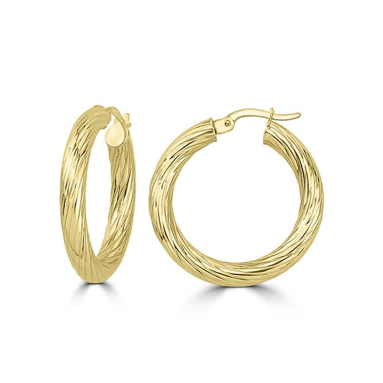 9K Yellow Gold Textured Hollow Hoops 20mm