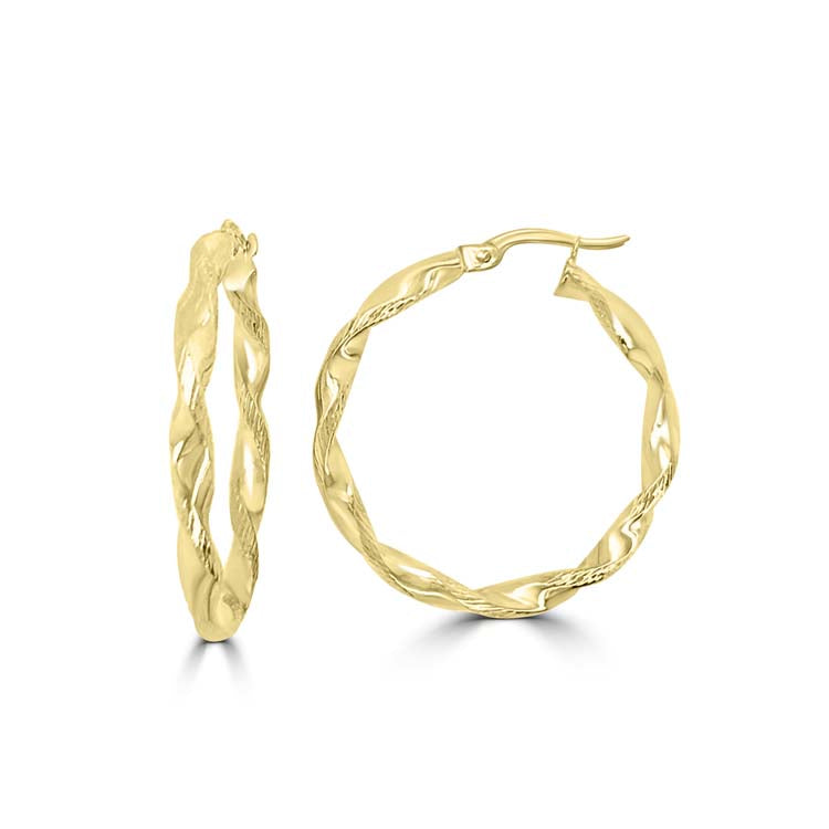 9K Yellow Gold Twisted Hollow Hoop Earrings 25mm