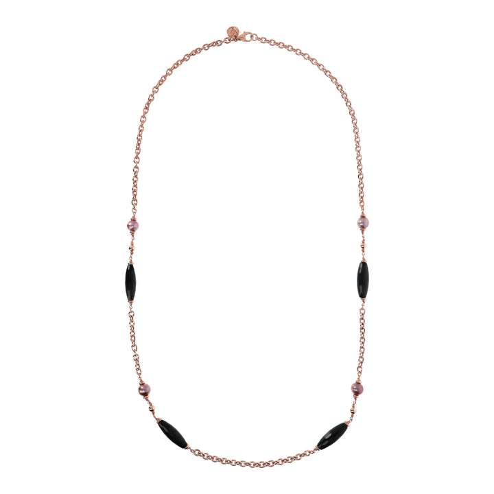 Bronzallure Black Onyx and Rose Ming Pearl Chanel Necklace