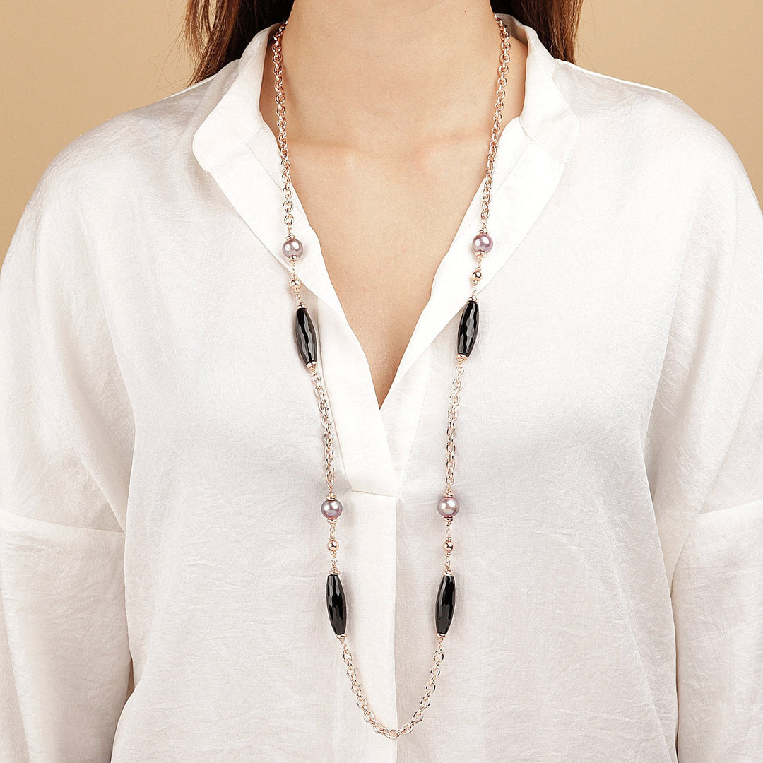 Bronzallure Black Onyx and Rose Ming Pearl Chanel Necklace