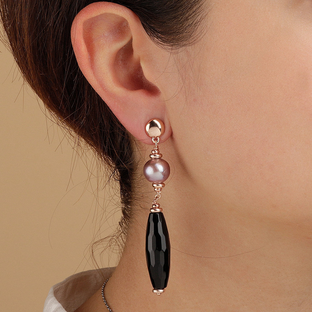 Bronzallure Black Onyx and Rose Ming Pearl Dangle Earrings