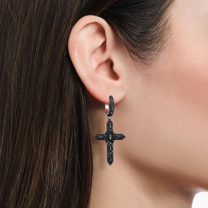 THOMAS SABO Single Cross hoop earring with black zirconia