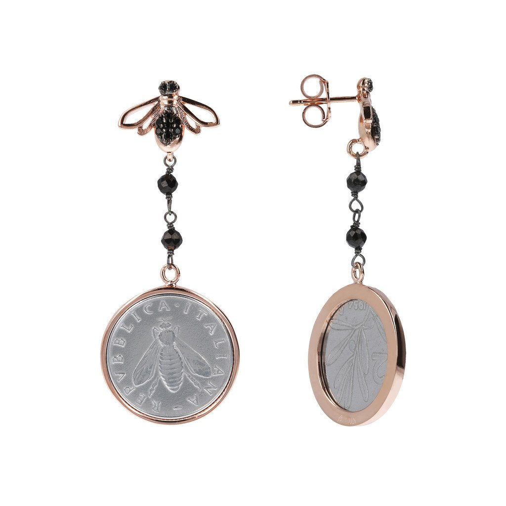 Bronzallure Lira and Bee Dangling Earrings Black Spinel