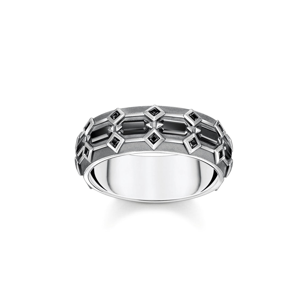 THOMAS SABO Ring Wide Crocodile Shell with Stones Silver Blackened