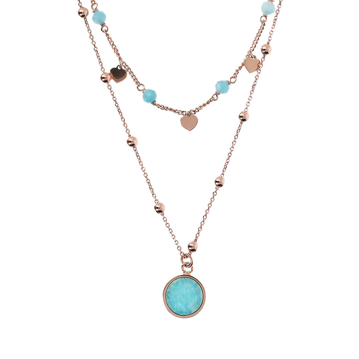 Bronzallure Two Strands Necklace with Natural Stone and Golden Rose Hearts